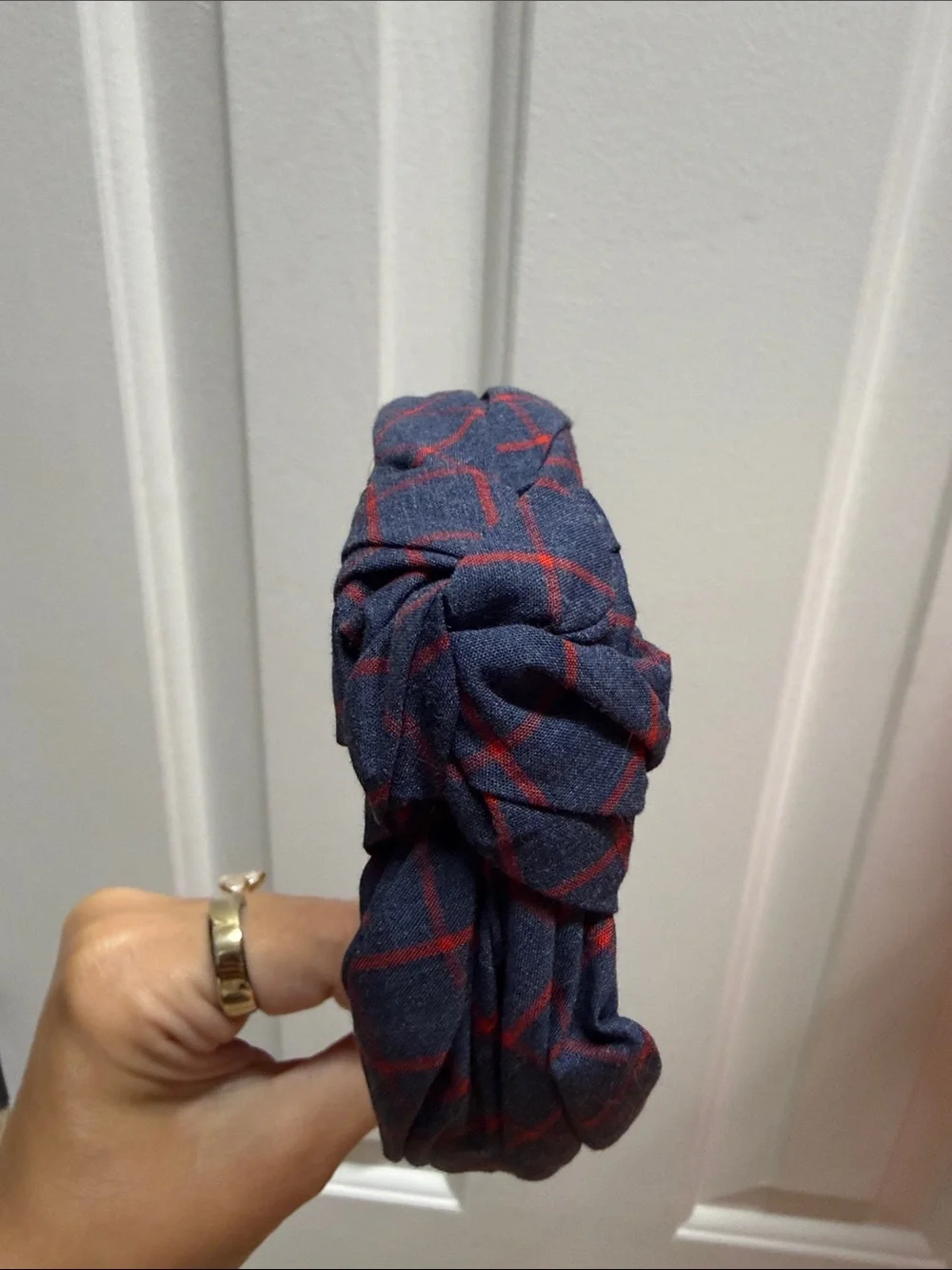 J. Crew Knotted Plaid Headband in Navy and Red